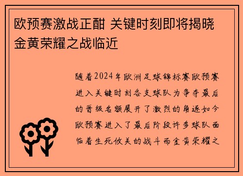 欧预赛激战正酣 关键时刻即将揭晓 金黄荣耀之战临近
