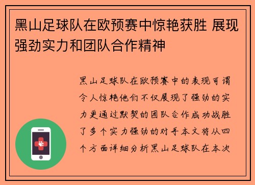 黑山足球队在欧预赛中惊艳获胜 展现强劲实力和团队合作精神
